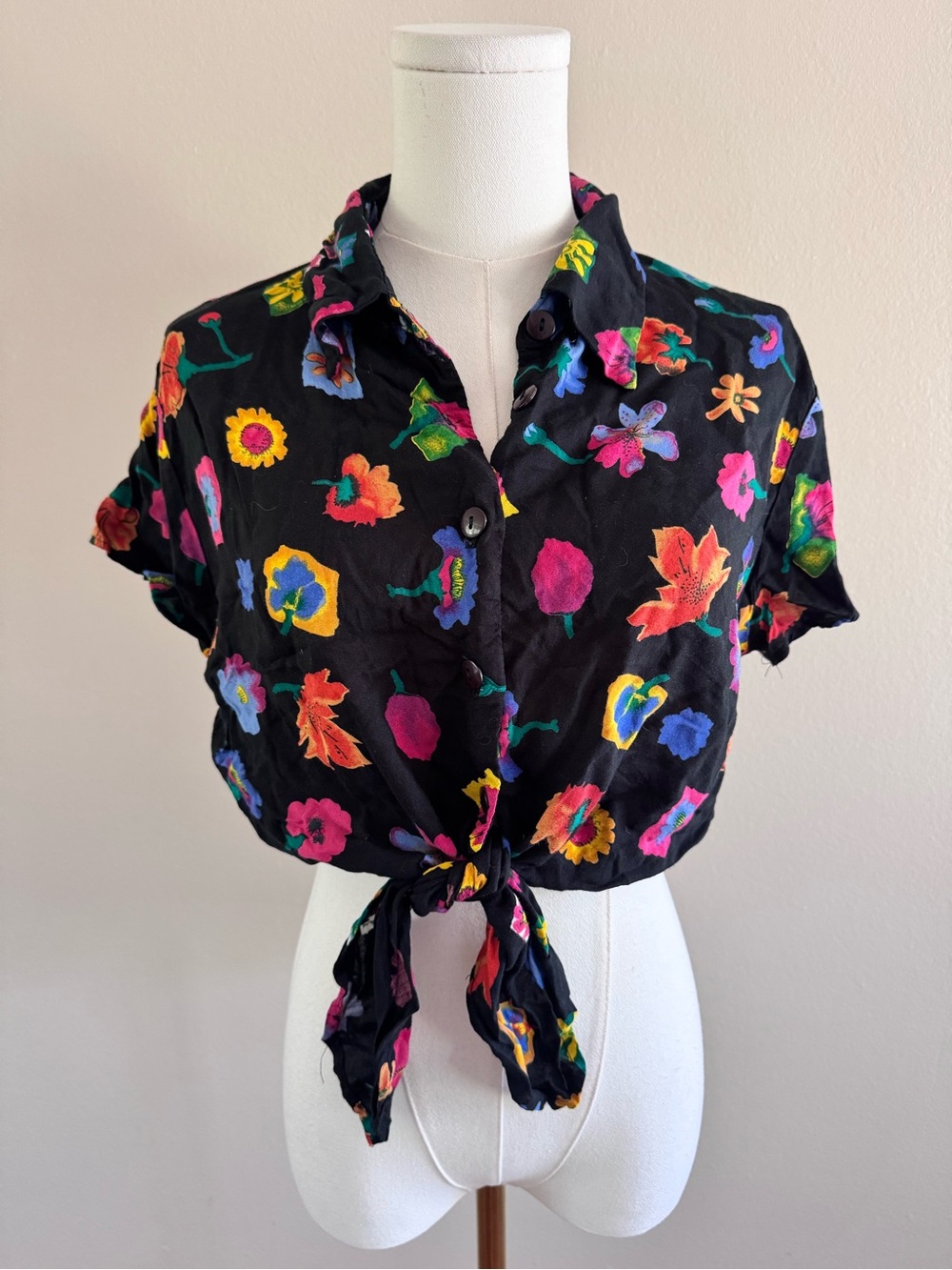 Vintage Byer California Black Floral Button Down Tie-Knot Crop Top